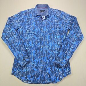 Bugatchi Button Down Shirt Abstract Geometric Shaped Fit Blue Mens Medium